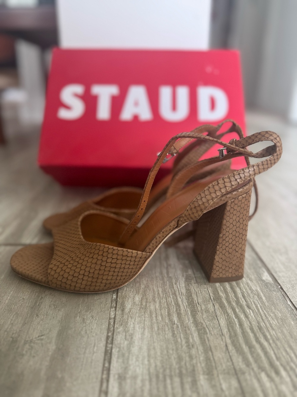 STAUD Solange Tan Embossed Leather Block Heel Sandals 38